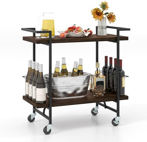 GOPLUS Servierwagen, 2 Ebenen Küchenwagen mit Griff & Weinflaschablagen, Rollwagen Getränkewagen mit Rollen, Barwagen Weinwagen Beistellwagen für Küche, Esszimmer & Bar, 81,5 x 40,5 x 80 cm