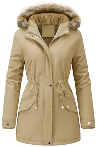 UMIPUBO Cappotto Giubbotto Donna Invernale Parka Giacca Caldo Cappotti Imbottita con Cappuccio Rimovibile Antivento Media Lugghezza Impermeabile Giubbino in pile Outdoor (Cachi, S)