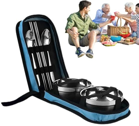 Picnic Tableware Set,Metal Camping Utensil Set - Reusable Stainless Steel Cutlery with Case, Includes Chopstick, Spoon, Bowl