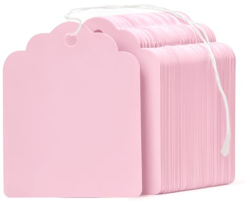 Uniclife 200 Pcs Price Tags with String Attached 1.8 Inch Writable Pink Hang Tag String Tags for Pricing Clothing Jewelry Price Display Labels Blank Merchandise Marking Paper Tag, 1 3/4 x 1 3/8