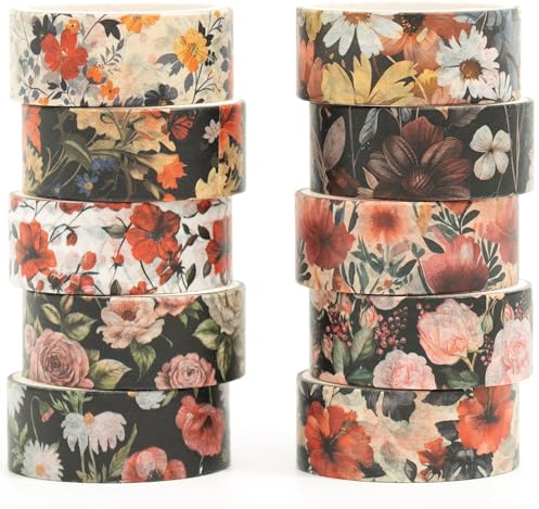 Songdao Blommor Washi Tape set 10 rullar blomkonst dekorativ tejp färgglad för scrapbooking, bullet dagbok, planerare, presentförpackning (3-blommor)