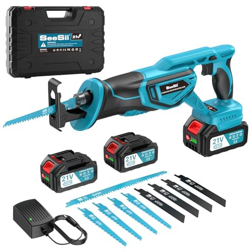 SEESII Sega a sciabola a batteria, Seghetto A Batteria 21 V, motore brushless 3000 RPM, 2 batterie da 4,0Ah e 8 lame Per legno, metallo, PVC, Sega alternativa per cantiere e giardino