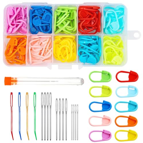 CATOR 120 marcatori per uncinetto, 10 colori, per maglieria, fermagli all'uncinetto, 12 aghi da cucito con foro grande, ago da lana, con scatola per progetti fai da te all'uncinetto