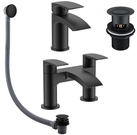 Nes Home Matte Black Round Basin Tap & Bath Filler with Sink & Sprung Waste Set