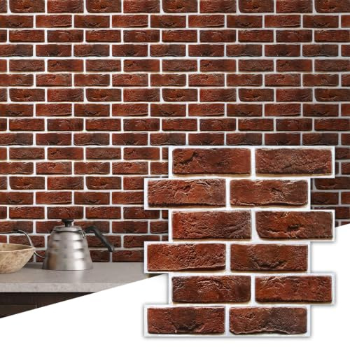 Commomy 3D Wandpaneele Selbstklebend Wandverkleidung Steinoptik, 10 Stück | PVC Wasserdicht 3D Tapete Wall Panel für Wohnzimmer Schlafzimmer Küche Innen, 30 x 30 cm, Rot, Starke Haftung Dauerhaft