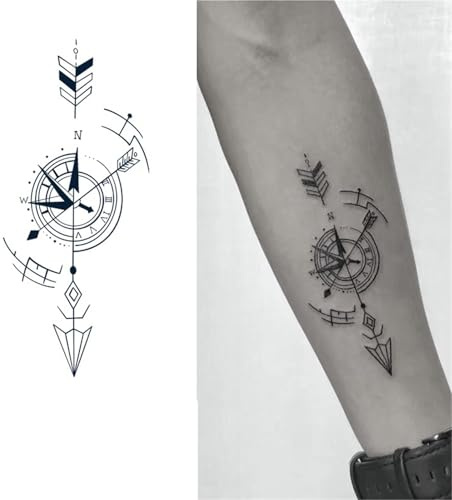2 Stück kleine Arm-Pfeil-Kompass-Saft-Tattoo-Aufkleber für Männer und Frauen, semipermanente Tattoos, realistische Fake-Tattoos, halten 7–15 Tage, wasserfest, nicht reflektierend, ungiftig, temporäre