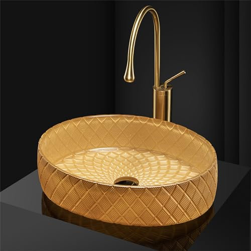 GLETSF Bathroom Crystal Glass Washbasin Hotel Bathroom Washbasin Die-Cast Art Glass Round Transparent Countertop Basin-Gold