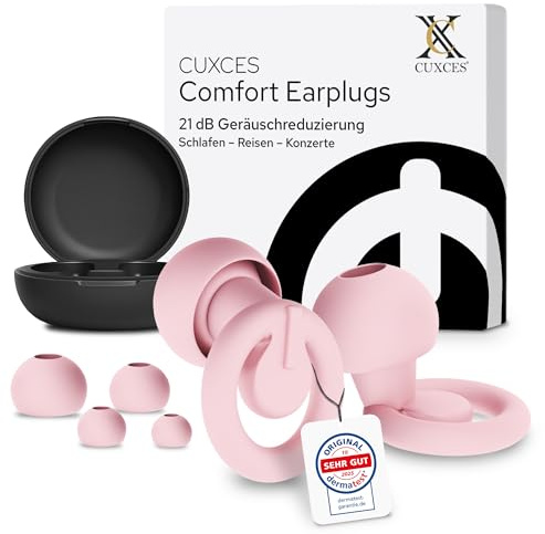 CUXCES Noise Cancelling Ohrstöpsel zum Schlafen, Rosa | Gehörschutz für Konzerte & Flugzeug & Alltag, Gehörschutzstöpsel reduziert Lärm um 21 dB, 4 Größen, Earplugs Festival