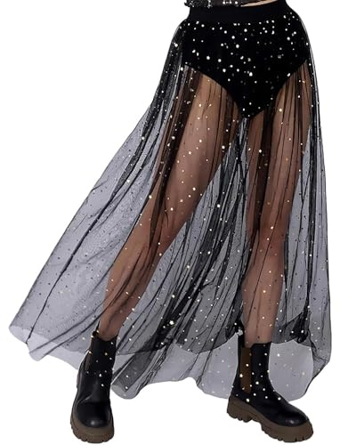 XFSRG Damen Rock Transparenter Mesh Rock 2 in 5 Röcke Pailletten Tüllrock Mit Sternmuster High Waist Maxirock für Party Musikfestivals Karneval (XL)