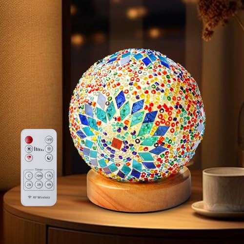Mosaic Lamp, USB Table Lamp, Moroccan Lamp with Wooden Base, Bohemian Style Bedside Lamps, Mosaic Light for Bedroom and Living Room