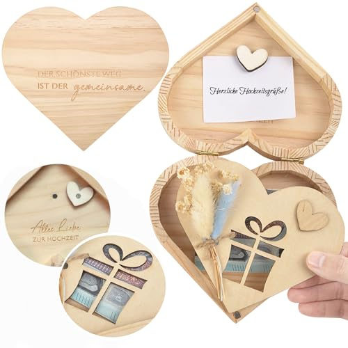 Geldgeschenk Hochzeit Geld Hochzeitsgeschenke für Brautpaar - Ideen Geldgeschenke Verpackung Set mit Herzförmige Holzbox, Trockenblumen, DIY Karte, Kleinigkeit Geschenkbox für Geld Wedding