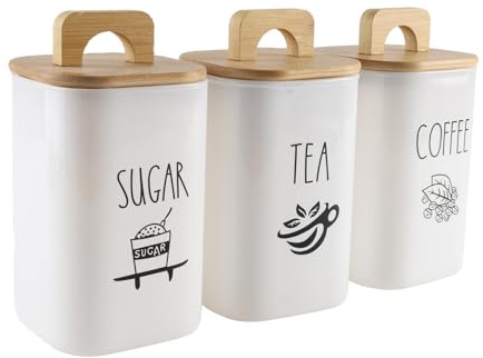 Gzsekken White Tea Coffee Sugar Canisters Set of 3, Large 1000ml Glass Jars With Bamboo Lids, Tea Sugar and Coffee Containers Set, a Home and Kitchen Essential Tea Caddy and Coffee Bean Storage