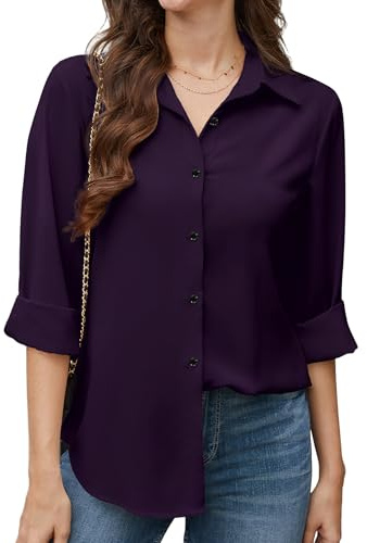 Stamain Camicia Viola Donna Maniche Lunghe Camicetta Chiffon Elegante Lavoro Ufficio Casual con Bottoni M