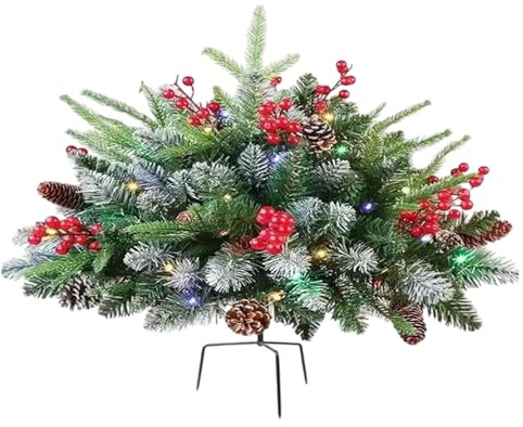 Prelit Christmas Tree Urn Filler - Illuminated Festive Outdoor Evergreen Arrangement, Frosted Seasonal Display | Radiant Holiday Planter Insert, 60LED Sparkling Foliage Enhancer