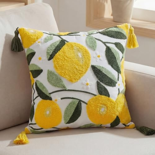 Tudomro Yellow Lemon Embroidered Throw Pillow Covers 18 x 18 Inch with Tassel, Spring Fruit Leaves Lemon Decorative Pillow Covers for Living Room Couch Sofa Bed Holiday Spring Summer Home Decor