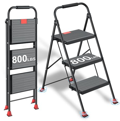 Foldable Step Ladder Folding Stool - 800Lbs Heavy Duty with Handrails for Home Adults Kitchen 3 Stepping Extension Tall - Indoor House Closet Stepstool Stair Ladders Extendable Stepladder