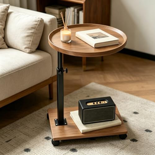 Piashow Beistelltisch Couch höhenverstellbar, Mobiler Sofatisch mit Rollen | 360° drehbarer C Tisch für Sofa & Bett, runder Laptop Tisch, 45–80 cm höhenverstellbar für Home Office