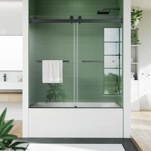 Bathtub Shower Door Glass Sliding 60 Inches,56-60 W x 59 H Frameless Dual Sliding Shower Glass Doors, 6mm Tempered Glass with Stainless Steel Square Rail for Modern Bathroom Matte Black