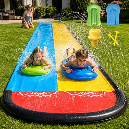 CLIUNT Wasserrutsche Garten, 600x140cm Doppel-Wasserrutsche, Wasserrutschmatte mit 2 Bodyboards, Eingebautem Sprinkler, Ideal für Sommergärten, Pools und Outdoor-Aktivitäten