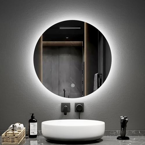 EMKE Badspiegel mit Beleuchtung 60 cm Durchmesser mit dimmbar kaltes weißes Licht 6500K, Speicherfunktion, Touchschalter IP44 energiesparend LED Badezimmerspiegel
