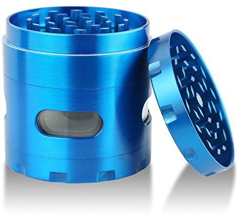 DCOU Neue Design Premium mühle mit Siebgrinder haltbare Zamak-Legierung Grinder Crusher Gewürz-Schleifer Ø55mm 4 stück (Blau)