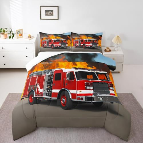 Feelyou Feuerwehrauto-Bettwäsche-Set mit Feuerwehrauto-Muster, Steppdecke für Kinder, Jugendliche, Feuerwehrmann, Feuerwehrmann, Bettbezug-Set für Schlafzimmer, 3-teilig, Queen-Size-Größe