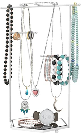 Mango Steam Supporto da tavolo per gioielli con base a specchio per bracciali, collane, orecchini a cerchio, anelli (esagone, bianco)