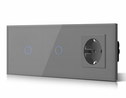 BSEED Interruptor táctil y enchufe pared,Panel de Vidrio con pulsador LED,Conmutador Modernos,Sin Función Wifi,1 Gang 2 Vía+1 Gang 2 Vía+1 Enchufe,228mm Gris