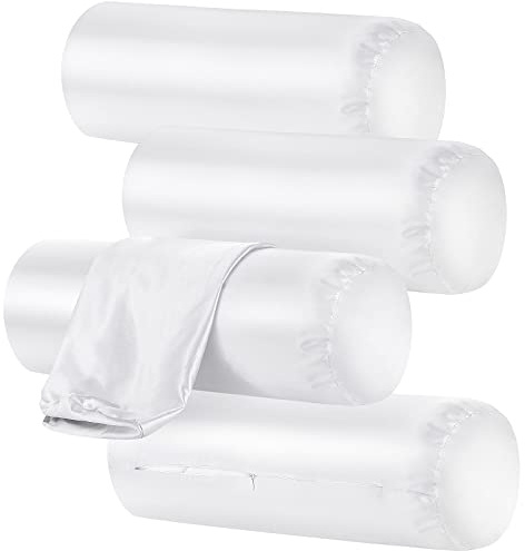 Remerry 4 Pack 16 x 6 Inches White Neck Roll Pillow Case Cover Only Round Bolster Cervical Roll Satin Cylinder Pillow Case Cover with Zipper