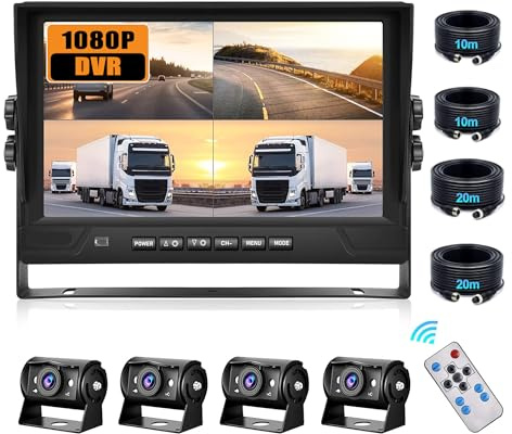 CAMECHO Camion Caméra de recul Set 4 Caméras Set, Enregistrement vidéo 9 Pouces Car Moniteur LCD DVR, Grand Angle, IP68 étanche, 18IR Vision de Nuit, pour Camping Car, RV, remorque, Bus 12V-35V