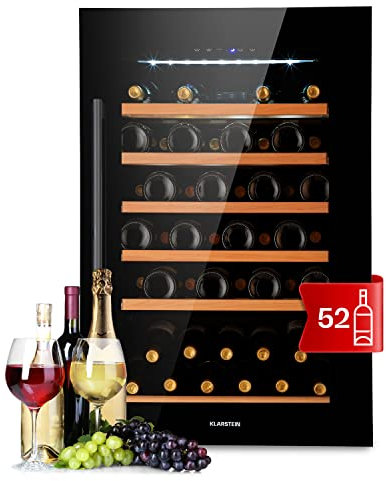 Klarstein Cantinetta Vino Refrigerata a Zona Singola per Interno/Esterni, Frigo Bar, Cantina Vino con Vetrina, Mini Frigo con Protezione UV, Frigorifero Piccolo Touch Control 5-22°C, 137L 52 Bottiglie