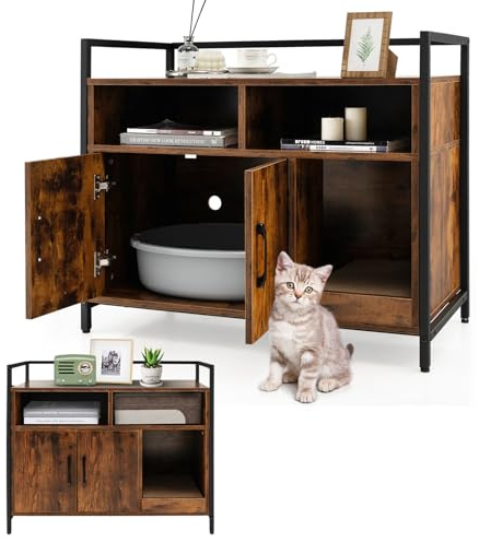 COSTWAY Meuble Litiere Chat en Bois, Meuble Cache Litiere Double Porte 2 en 1, Planche à Griffer Amovible, Cadre en Métal, 1 Passe-Câble, 2 Compartiments, Maison de Toilette Chat, Café