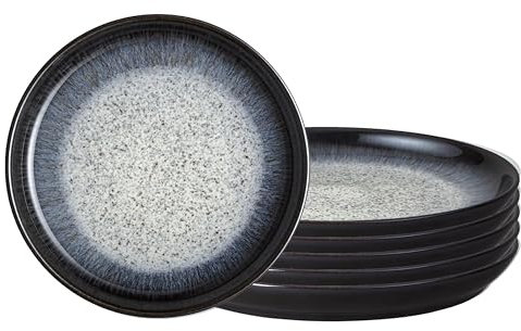 Denby - Halo Coupe Dinner Plates Set of 6-10.25 Inch Reactive Glaze, Dishwasher Microwave Oven Safe - Scratch Chip Resistant - Grey, Black Large Ceramic Stoneware Dinnerware Plates Set