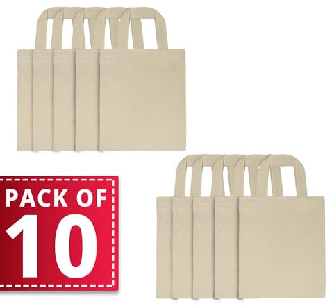 Enviroflex 22 x 26 cm Paquete 10 | 25 | 200, Bolsas Tote Pequeñas para Niños, Shopping, 100% algodón, yute, reutilizables, respetuosas con el medio ambiente con asas cortas (Natural)