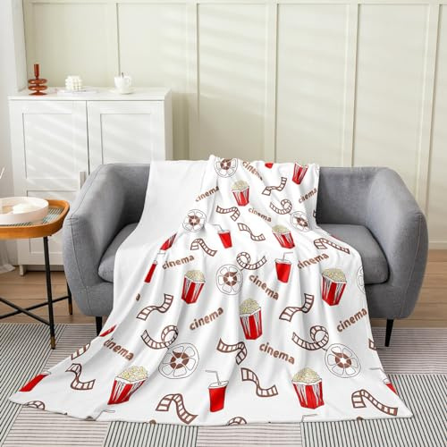 Movie Theater Plush Throw Blanket Queen 90x90 Kids Movie Night Flannel Fleece Blanket for Boys Popcorn All Season Bed Blanket Cinema Room Decor Old Fashion Home Theater