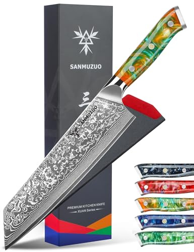 SANMUZUO Kiritsuke Damastmesser, 22cm Kochmesser, Xuan Serie, VG10 Damaskus Stahl Küchenmesser, Harzgriff(Fantastisches Orange)