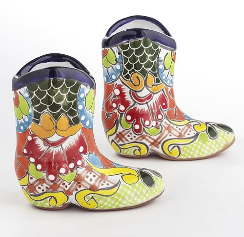 MEXTEQUIL - Talavera Cowboy Boot Shot Glasses - Set of 2 - Authentic Mexican Tequila Shot Glasses - Hand-painted - 3 Oz (Green)
