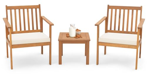 COSTWAY 3 delar Terrassmöbler set akaciaträ, 2 trädgårdsstolar med kudde och soffbord, bistroset sittset för veranda, gård, balkong och poolområde (61 x 61 x 79)