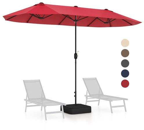 GOPLUS Doppelsonnenschirm 400 x 200 cm, Sonnenschirm mit Ständer & LED Solar, Terrassenschirm mit Kurbel, UPF 30+, Balkonschirm groß, Gartenschirm, Marktschirm Oval für Terrasse & Pool, Weinrot