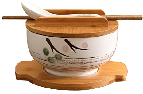BGFYUSF Bol à Ramen avec Couvercle, cuillère, Bol à Soupe en céramique Blanche, Bol à Riz Peint à la Main, Vaisselle Vintage, Bol à Nouilles 6,5 Pouces (Noir 1000 ML)