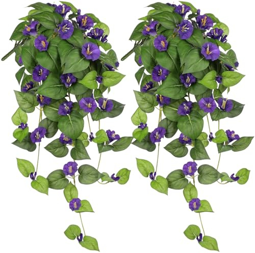 Briful 2er Set Künstliche Morning Glory Hängepflanzen – 65 cm Kunstblumen Ranken – Lila Dekoblumen für Balkon, Wand, Fenster, Wohnzimmer, Innenbereich