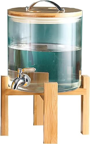 Dispensador de bebidas de vidrio con grifo de acero inoxidable 5L/8L/10L, a prueba de fugas, fácil de llenar, boca ancha, dispensador de agua con soporte de madera y grifo de acero inoxidable,