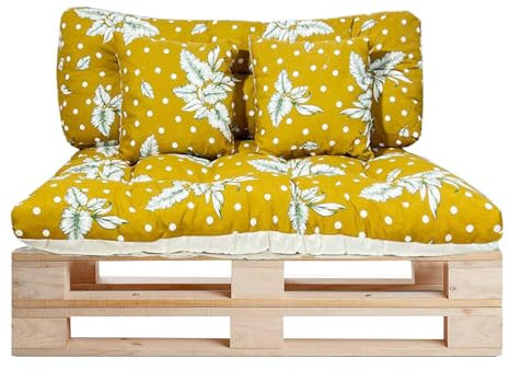 GREATOYAR Cojines Sofá Palets, Cojin Palet Fibra, Cojines Acolchados Palets, Cojín de Respaldo y Asiento, Conjunto 4 Piezas, para Jardín, Terraza, Balcón, Interior y Exterior, Amarilla y Hoja
