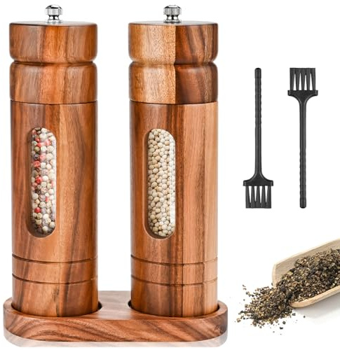 Herboom Salz und Pfeffermühle Holz Set 2 Stück mit Zubehör | Elegantes Gewürzmühlen-Set mit Keramikmahlwerk, Untersetzer und Reinigungsbürste