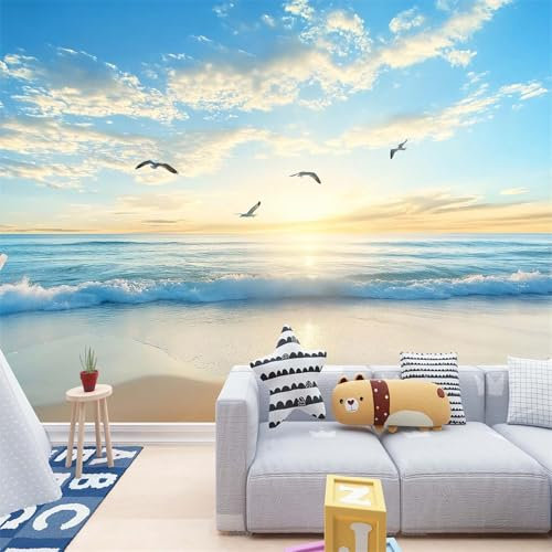 Non Tessuto Fotomurali Bellissima Spiaggia Di Mare Fotomurale Gabbiani Animali Carta da parati murale per Soggiorno A parete per la camera da Letto TV Set Murale - 300 x 210 cm
