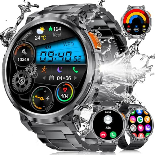 ESFOE Smartwatch Herren mit Taschenlampe/1.85“ HD Display/730 mAh Akku Telefonfunktion Smart Watch mit 120+ Sportmodi, IP68 Wasserdicht Fitnessuhr with 24/7 Herzfrequenz, SpO2 für Android iOS 3 Gurte