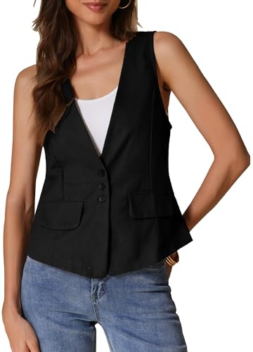 Allegra K Donna Gilet Casual In Lino, Giacca Leggera Senza Maniche, Blazer Leggero Nero L
