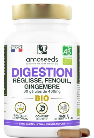 Digestion BIO | Contre les ballonnements + Digestion difficile | 60 gélules | Naturel, avec Réglisse, Fenouil, Gingembre | Adapté aux estomac sensibles | Qualité supérieure