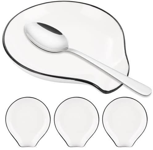 AKOLAFE 4Pcs Spoon Rest for Kitchen, Ceramic Spoon Rests White Teaspoon Holder Rest Spoons Cradle with Black Border for Spatula, Tongs, Gadgets, Coffee Spoon