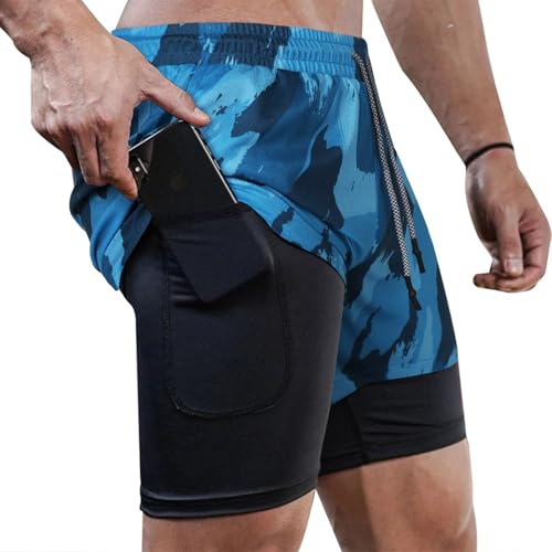 Superora Sportshorts för män, löpshorts, 2 i 1, korta löpning, sportbyxor, fitness, träning med inbyggda fickor, Kamouflage, XL